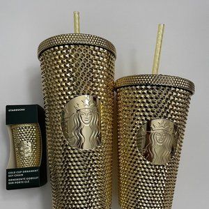 In Hand!   NWT- Starbucks Tumblers Gold Holiday 2022 Set of 3